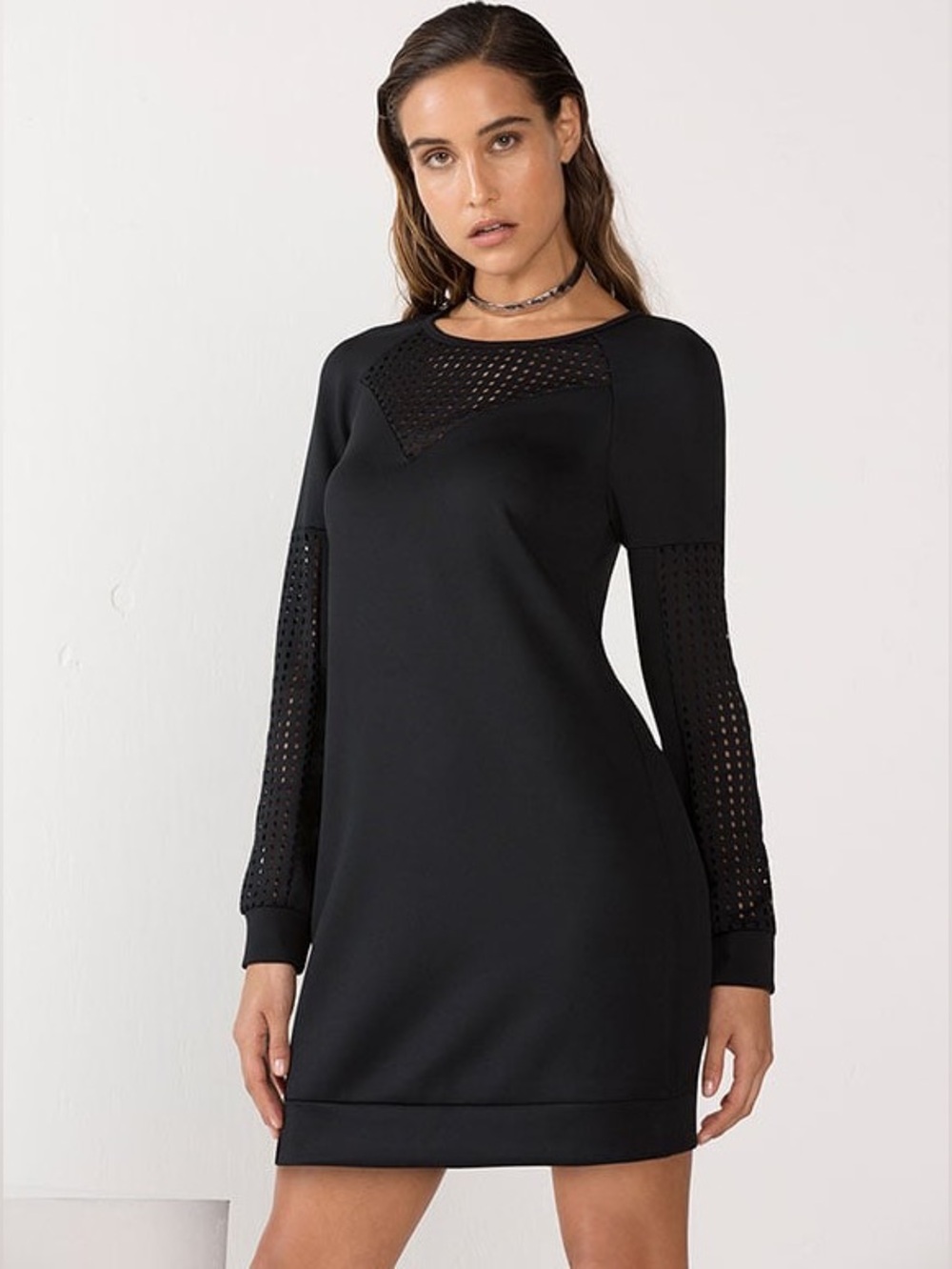 NWOT Fabletics Black Laser Cut Perforated Long Sleeve Dress SS